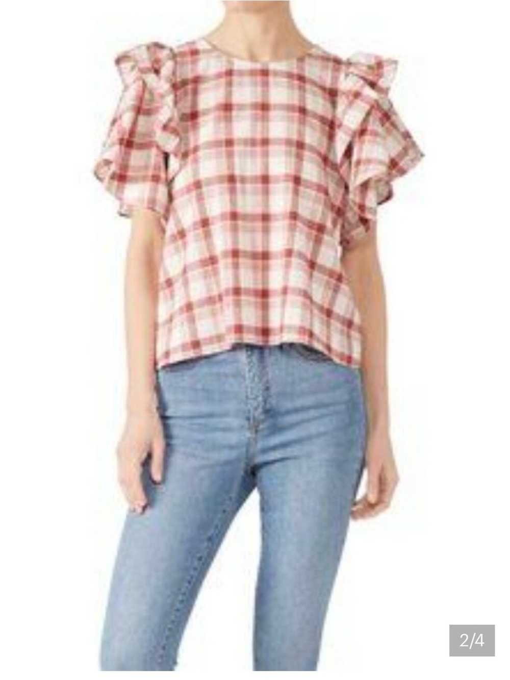 THE GREAT. Plaid Ruffle Sleeve Blouse in Cream and Red